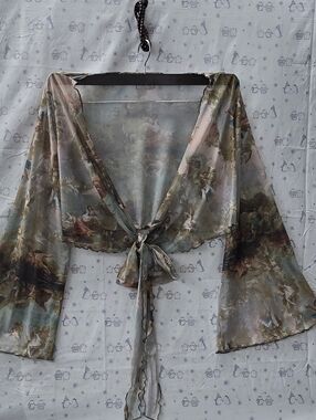 Cider Sheer Mesh Renaissance Art Print Floral Tie-Front Wrap Top - Sage Green